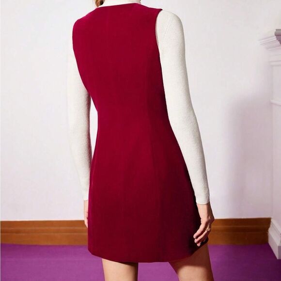 MOTF SLEEVELESS VELVET BLAZER DRESS W/OUT T Burgundy Double-Breasted Dress SZ M - Picture 10 of 14